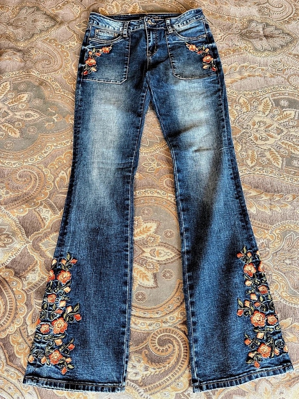 GRACE in LA Easy Fit Floral Embroidered Flare Jeans Blue Waist 28
